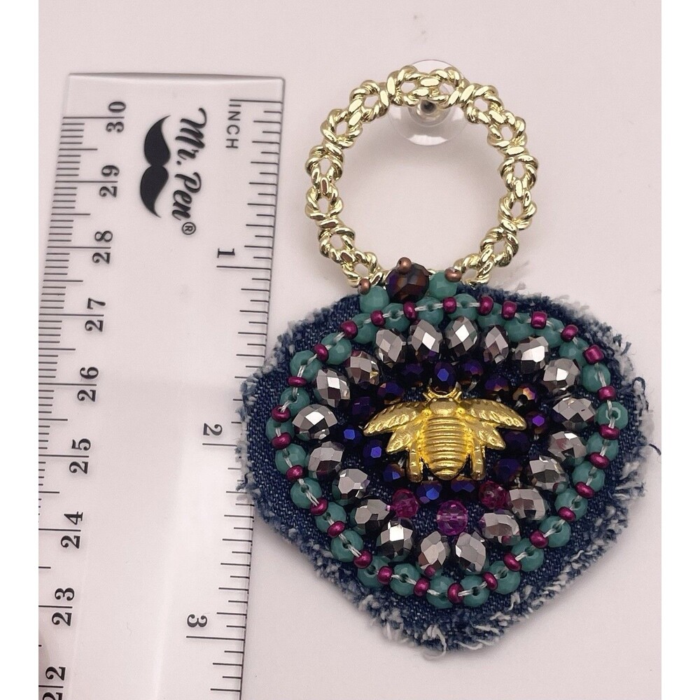 Unique Handcrafted MultiColor Beaded Gold Tone Bee Denim Statement Earrings - Picture 3 of 4